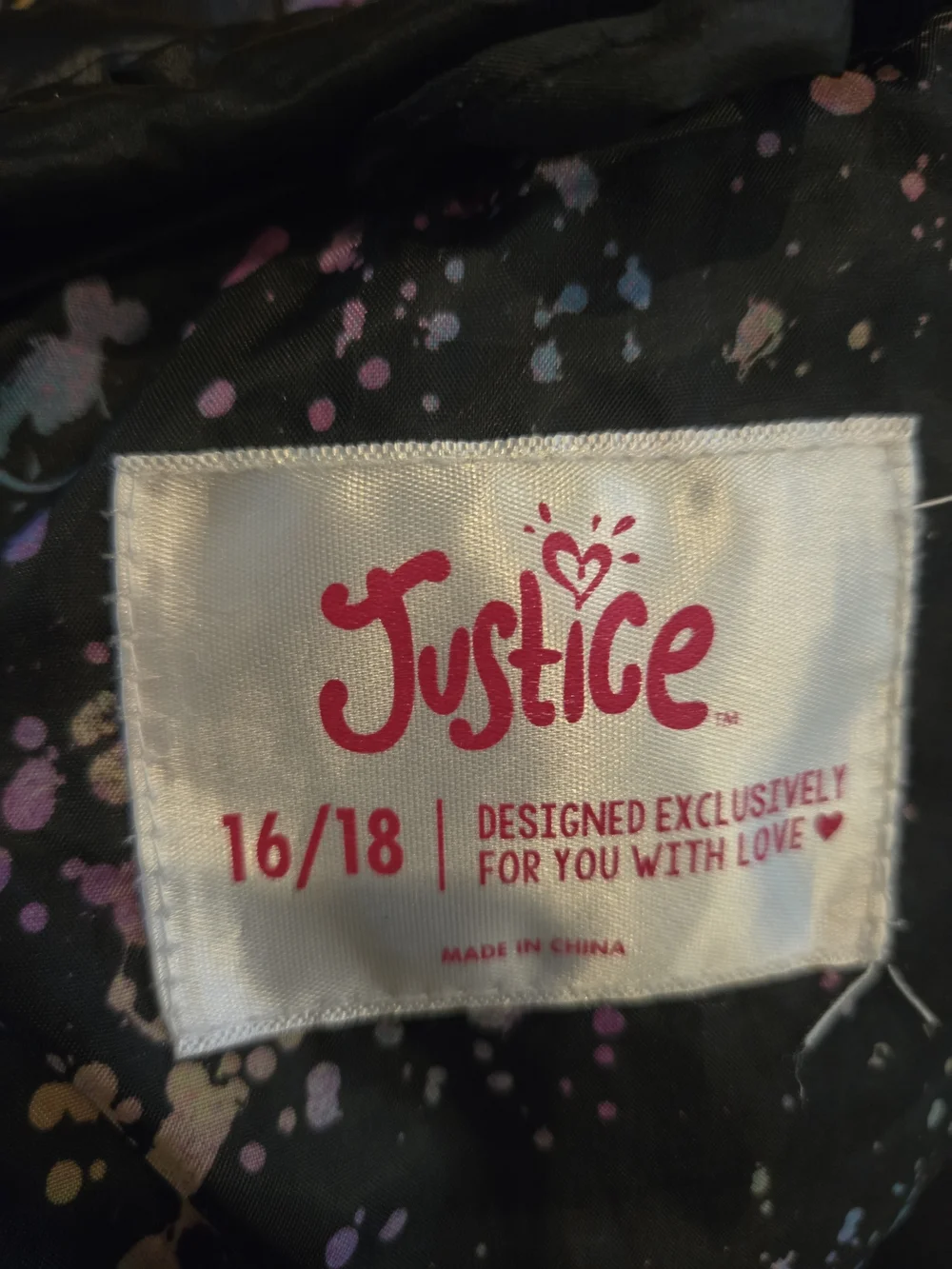 Justice Black Jacket with Pink & Purple Splatter Lining